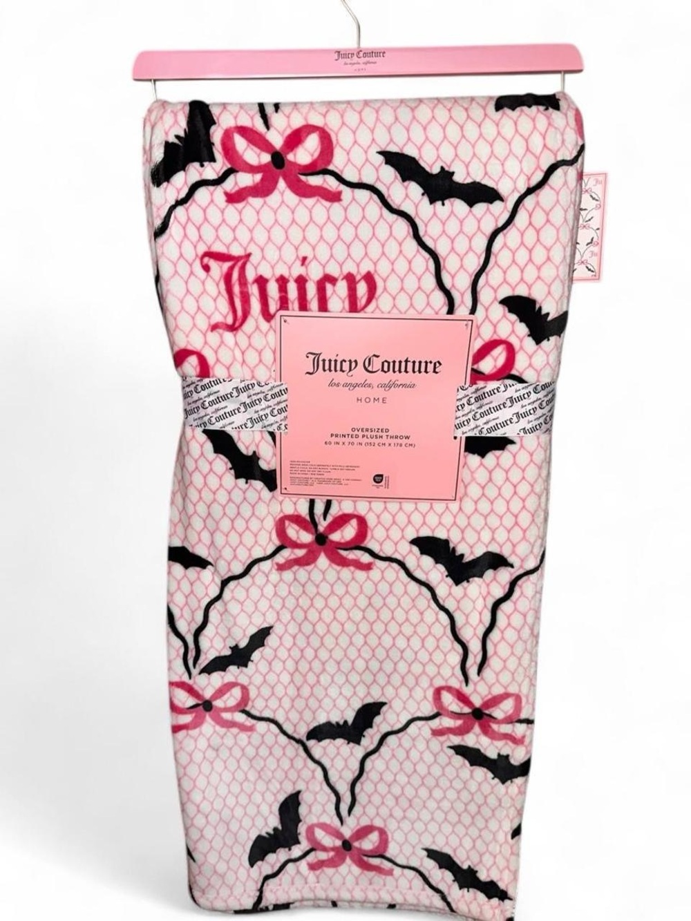 Juicy Couture Halloween Plush Throw Blanket, white/bats/pink bows